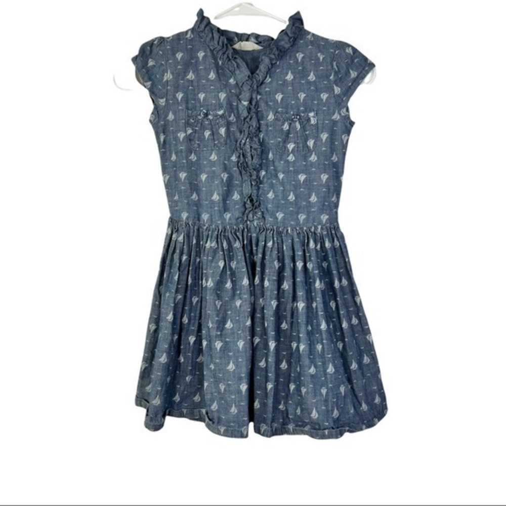Lands End Girls Dress 5 Cotton Blue Short Sleeve With Pockets
